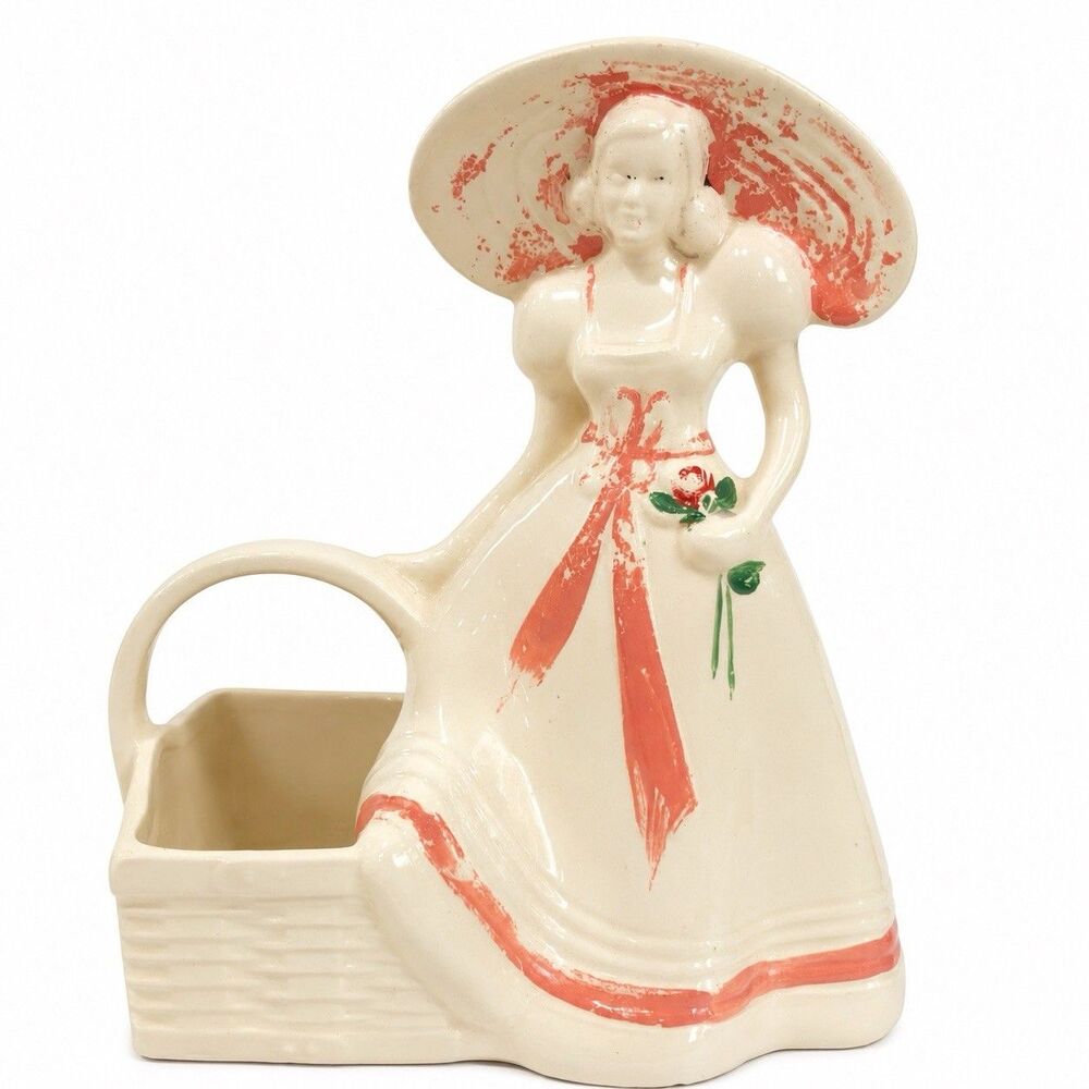 Vtg Brush USA Southern Belle Lady Planter Basket Vase Mid Century Ceramic Pink